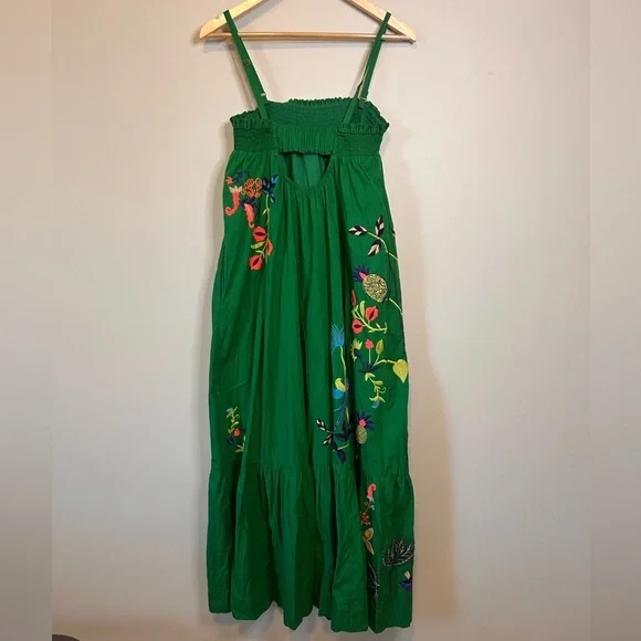 Anthropologie Embroidered Floral Green Strapless Ruffled Maxi Dress Size Medium - Picture 10 of 11